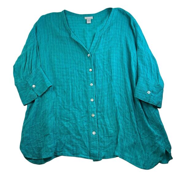Soft Surroundings Plus 3X Top Linen Blend Shirt Gauzy Flowy Teal Button Front - Picture 1 of 10